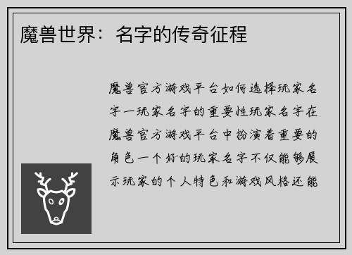 魔兽世界：名字的传奇征程
